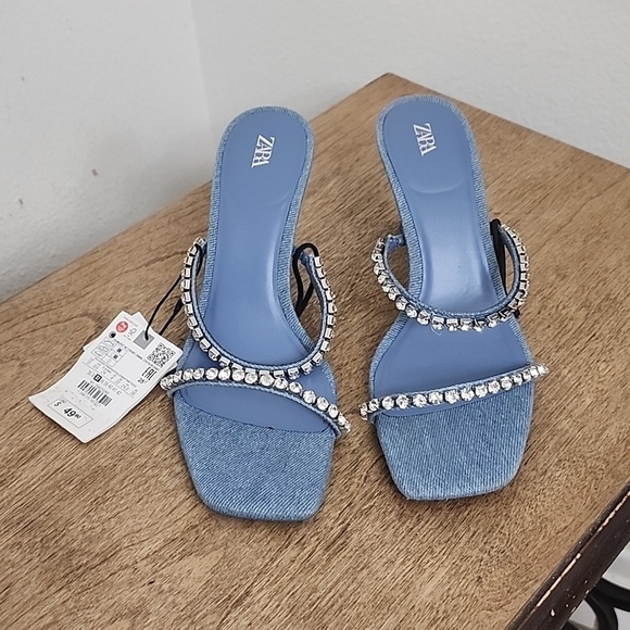 Zara Shoes - Zara Rhinestone Heeled Denim Sandals size 37
